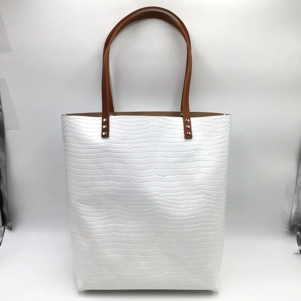 New Handmade croc embossed white leather large unlined tote shoulder handbag